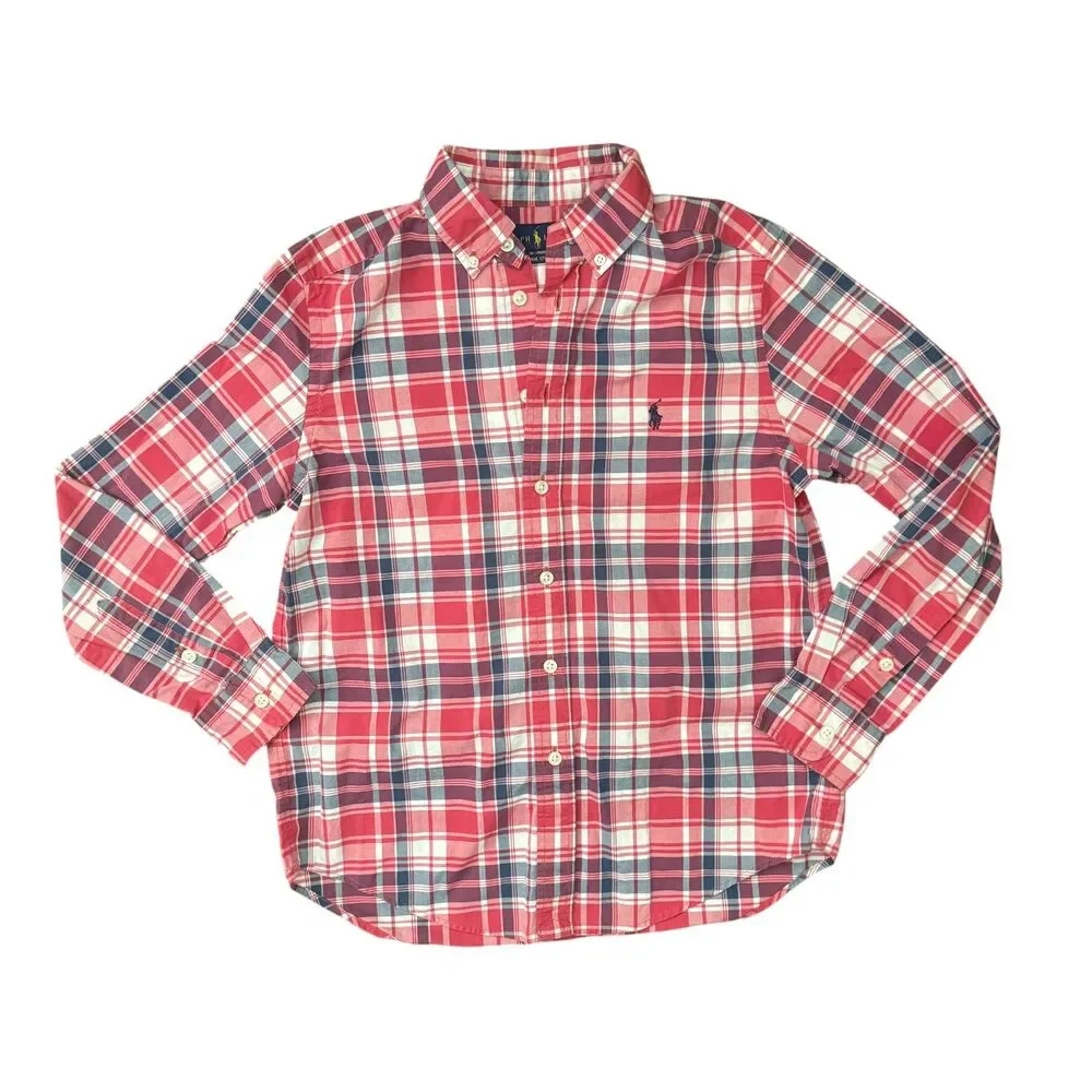 Ralph Lauren Boys Red/Blue Plaid Button Up Size M 10-12 EUC